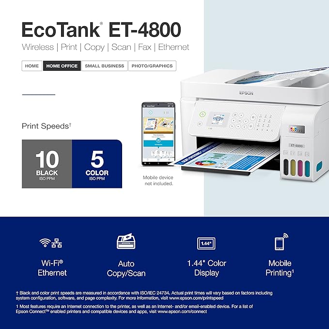 Epson EcoTank ET-4800 Wireless All-in-One Cartridge-Free Supertank Printer with Scanner, Copier, Fax, ADF and Ethernet – Ideal-for Your Home Office, White-DeskLoop Office