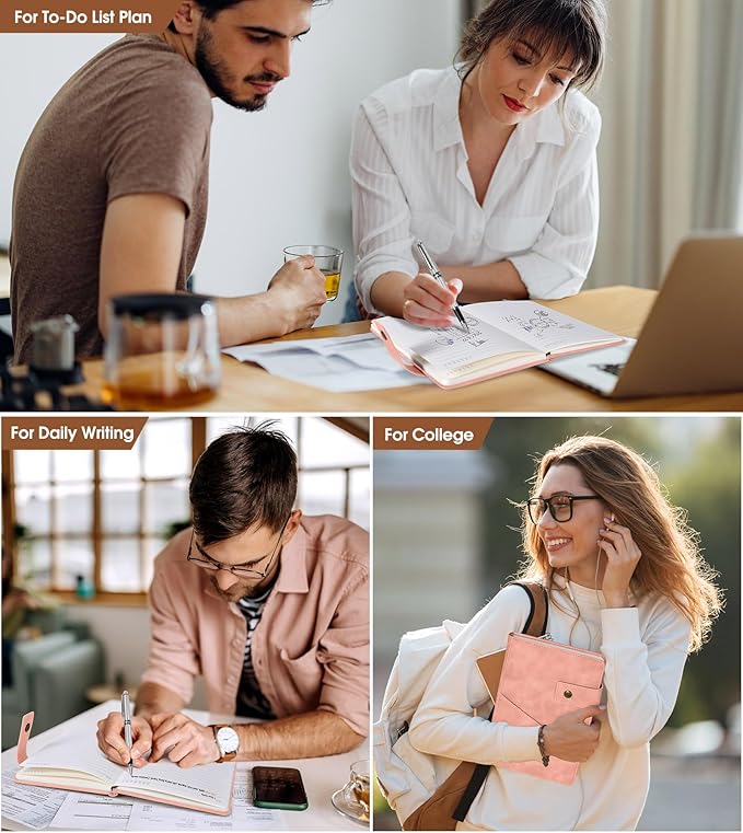 Pink A5 Lined Leather Journal Notebook for Men Women,5.9" X 8.4" Personalized Hardcover Journal with Pen,200 Pages 100 Gsm Thick Ruled Paper Daily Diary for Travel,Business,Work,Writing-DeskLoop Office