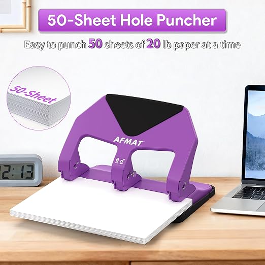 AFMAT Heavy Duty 3 Hole Punch, 50-Sheet Capacity, 50% Reduced Effort Three Hole - Image 3