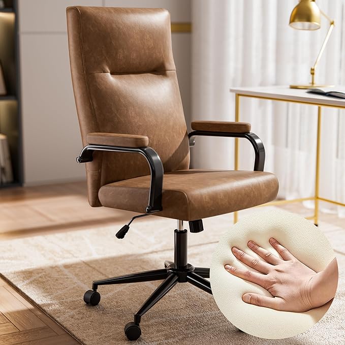 Brown Leather Office Chair with Wheels, Memory Foam Height Adjustable Computer Deak Chair, Rolling Swivel Executive Chair for Home Office-DeskLoop Office