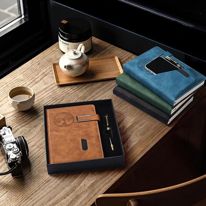 Lined Notebook Journal for Men Women, 365 Pages Numbered College Ruled Notebook, Hardcover Leather Journal with Pen & Gift Box, Thick Daily Diary, Professional Notebooks for Work, School, Business, A5-DeskLoop Office