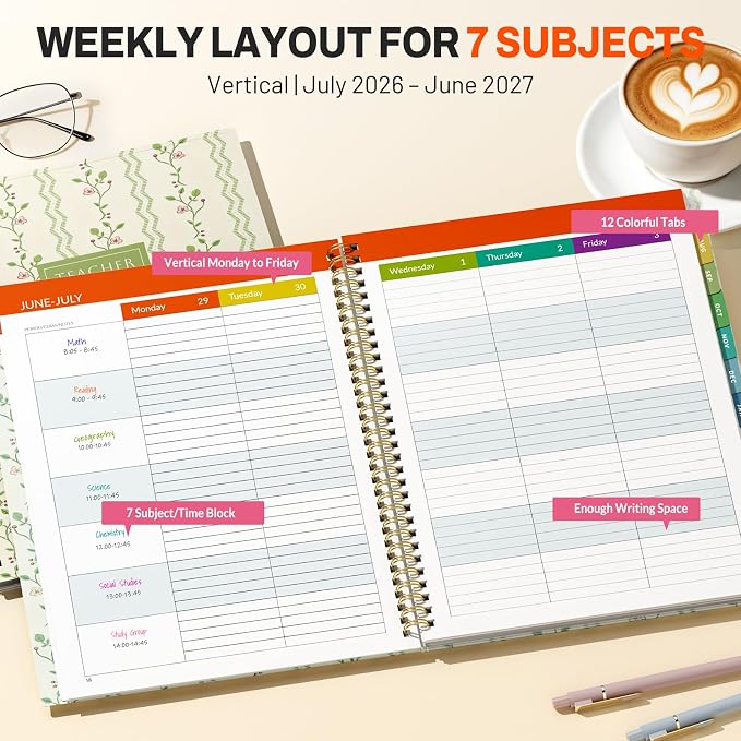 SUNEE Teacher Planner 2026-2027 Academic Year, 7 Periods Lesson Plan Book Jul - Image 2