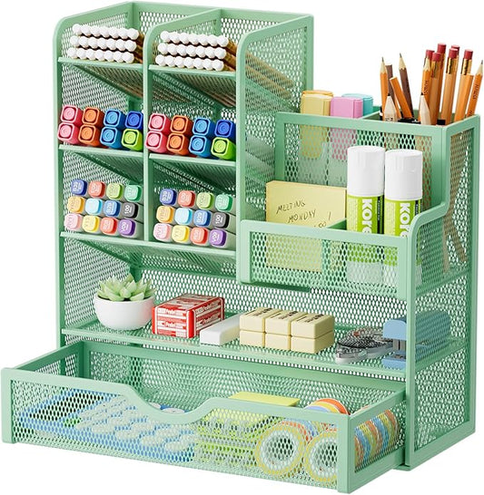 Marbrasse Mesh Pen Holder for Desk, Multi-Functional Pencil Organizer with Drawer, Desk Organizers and Accessories for Office Art Supplies (Green)-DeskLoop Office