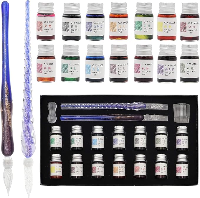 AXEARTE Glass Dip Calligraphy Pen Set, 18-Pieces 14 Color Inks, Pen Holder, Cleaning Cup, 2 Crystal Glass Pens for Art, Writing, Drawing, Signatures, Gift for Kids and Artist-DeskLoop Office
