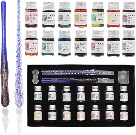 AXEARTE Glass Dip Calligraphy Pen Set, 18-Pieces 14 Color Inks, Pen Holder, Cleaning Cup, 2 Crystal Glass Pens for Art, Writing, Drawing, Signatures, Gift for Kids and Artist-DeskLoop Office