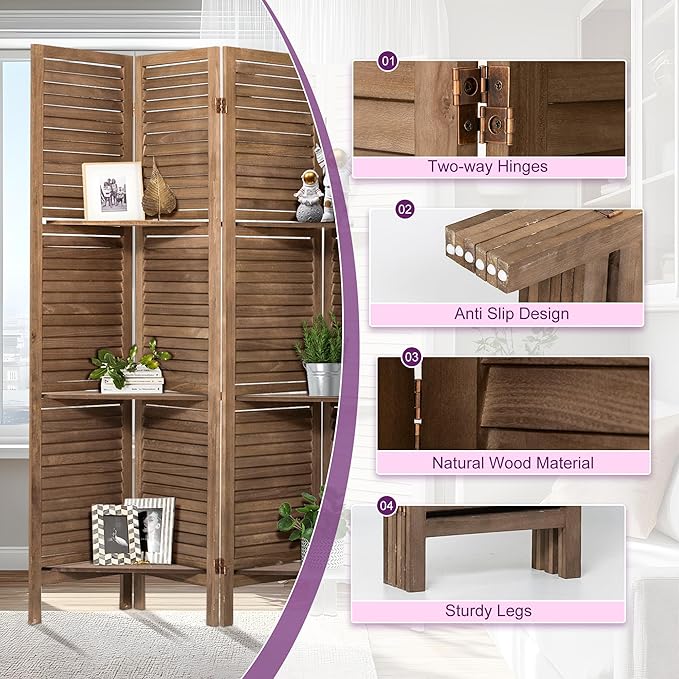 Room Divider with Shelves, 5.6FT Folding Room Divider Panel, 6 Panel Wood Partition Wall Divider for Room Separation, Dark Brown-DeskLoop Office