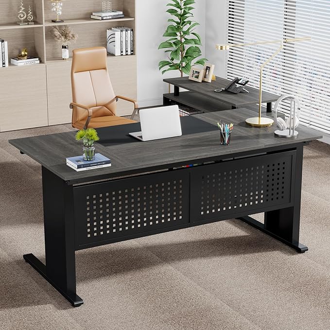 Tribesigns 63 Inch Executive Desk with File Cabinet, Large Office Desk L Shaped Computer Desk with Drawers and Storage Shelves, Business Furniture Desk Workstation for Home Office, Gray and Black-DeskLoop Office