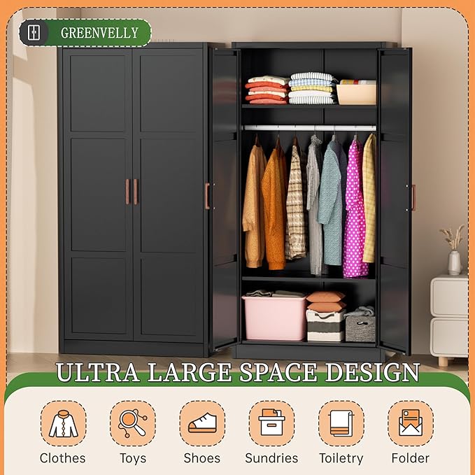 Greenvelly Metal Wardrobe Cabinet with Wooden Handle, 72" Black Metal Wardrobe Closet with Hanging Rods and Adjustable Shelves, Clothing Storage Closet Cabinet for Home, Office, Employee, Gym-DeskLoop Office