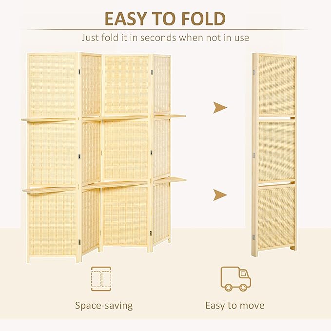NicBex Room Divider 4 Panel Room Dividers with Storage Shelves Partition Room Dividers and Folding Privacy Screens 6 FT Wall Divider for Office, Room Separation,70.75" W x 0.75" D x 70.75" H, Natural-DeskLoop Office