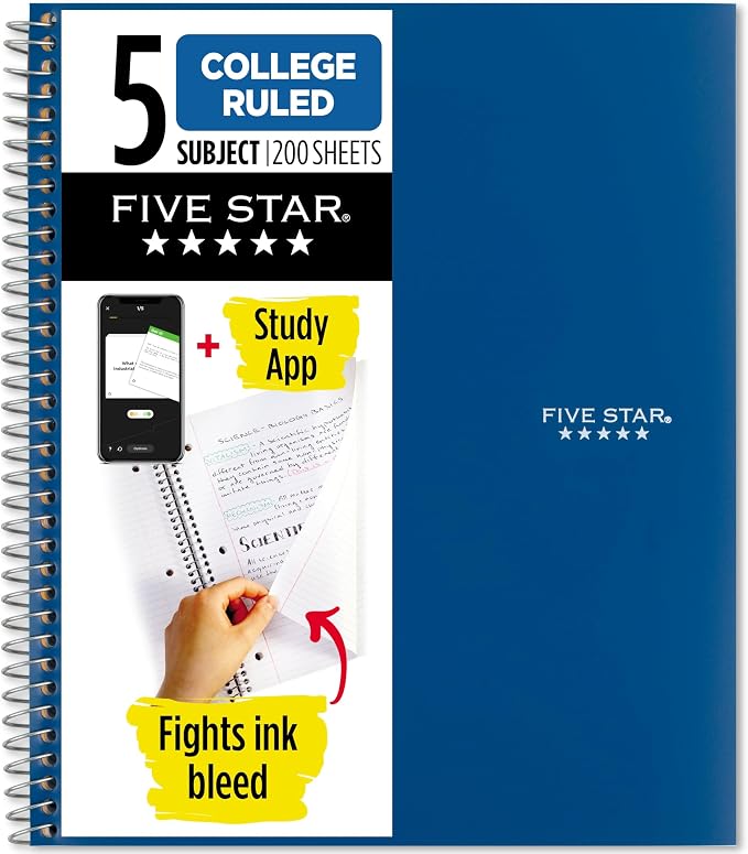Five Star Spiral Notebook + Study App, 5 Subject, College Ruled Paper, 8-1/2" x by FiveStar