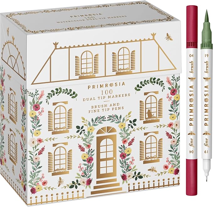 Primrosia 100 Dual Tip Marker Pens, Fineliner and Watercolor Brush Pens for Art Sketching Illustration Calligraphy or Journals Drawing Coloring-DeskLoop Office