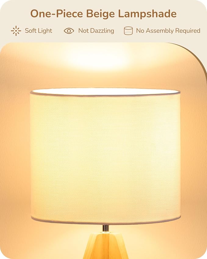 EDISHINE Small Cute Table Lamp, Wood Tripod Nightstand Lamp, Mid Century - Image 3