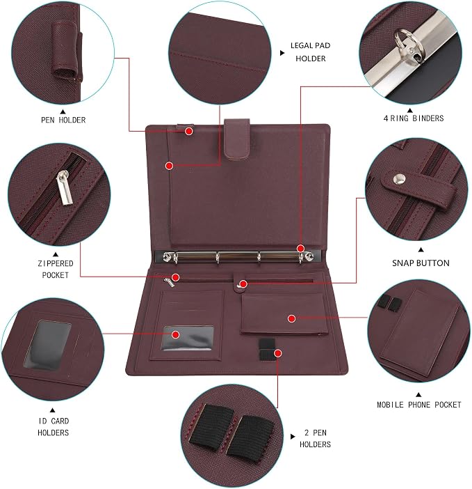 Wonderpool A4 PU Leather 3 & 4 Ring Holder Writing Portfolio Multi Document Case - Image 6