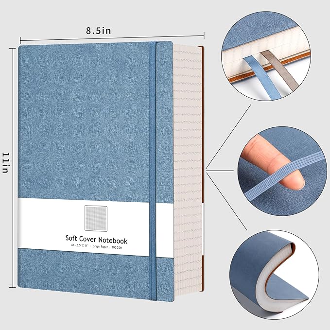 AHGXG Graph Paper Notebook - Grid Paper Notebook Large A4 8.5''×11'', 320 Pages Thick Journal, 100gsm Thick Graph Paper, Leather Softcover, Inner Pocket - GrayBlue-DeskLoop Office
