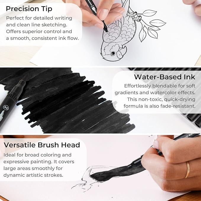ZSCM Black Duo Tip Marker Pens, 12 Pack Fine & Brush Markers - Image 3