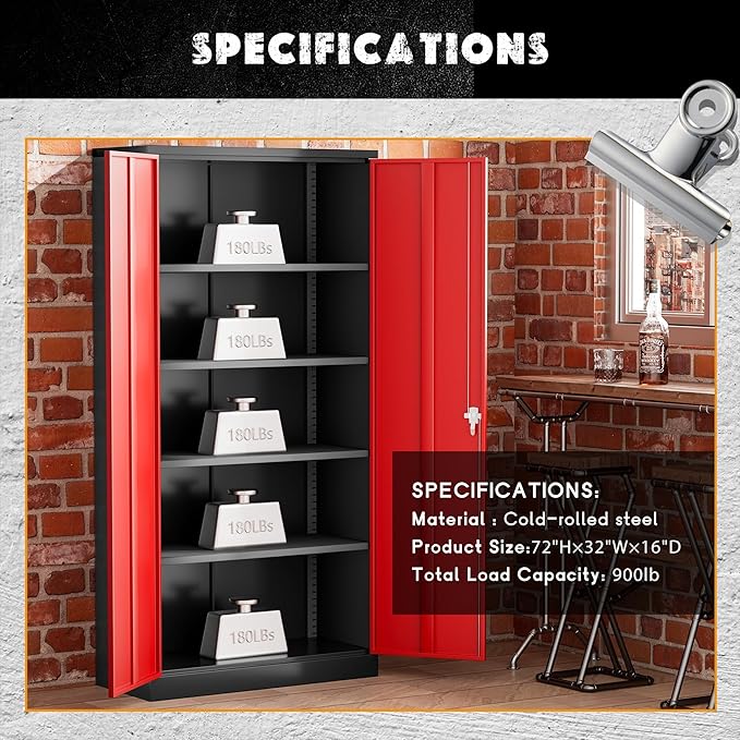 Greenvelly Metal Garage Storage Cabinet with Lock, 72" Metal Storage Cabinet with 2Doors and 4Adjustable Shelves, for Home Office, School,Gym (Black&Red)-DeskLoop Office