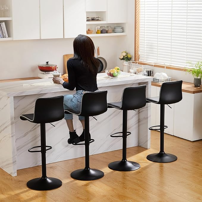 HeuGah Bar Stools Set of 6, Swivel Counter Height Barstools with Back, Adjustable Height 24" to 32", Black Faux Leather Bar Chairs for Kitchen Island (Black, Set of 6 (24'' to 32''))-DeskLoop Office