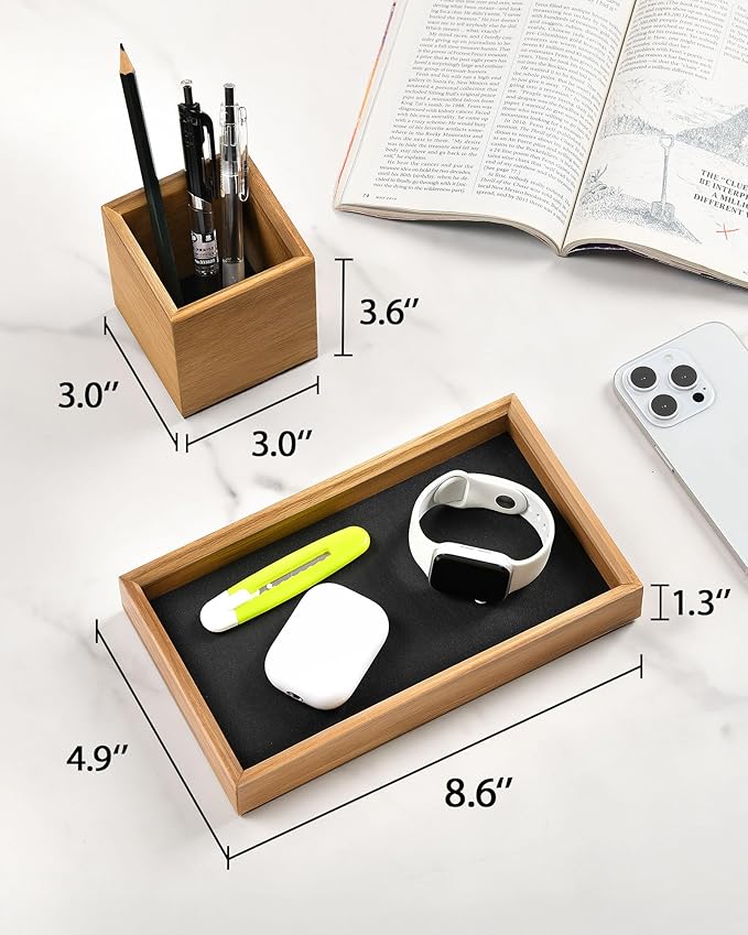 HULISEN Wooden Desk Organizer Tray with Pen Holder, Non-Slip Desk Tray and Pencil Holder Set with Felt Lined, Desktop Accessories for Home Office Workspace Organization-DeskLoop Office
