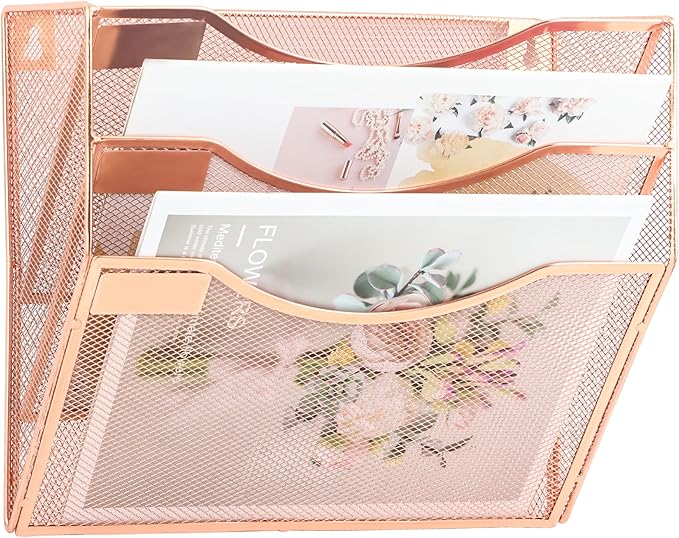 EASEPRES 3 Pocket Mesh Hanging Wall File Organizer, Wall Mounted Mail Paper Document Folder Holder, Clipboard Storage Organization Magazine Rack with Nametag Label for Office Home School, Rose Gold-DeskLoop Office