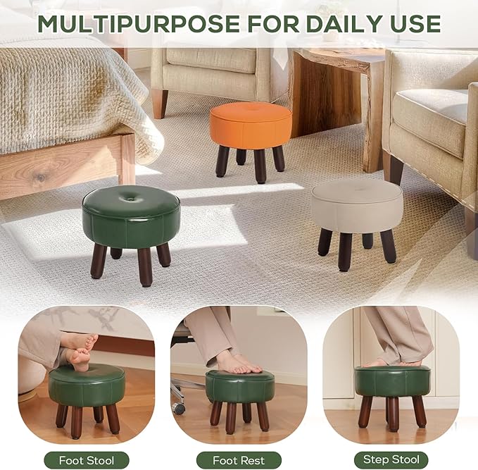 13in Small Foot Stool Ottoman, Round Faux Leather Foot Rest for Couch, Under Desk Pouf Footstool Footrest with Non-Skid Rubber Legs for Ling Room, Bedroom, 13''L x 13''W x 10.2''H, Green-DeskLoop Office