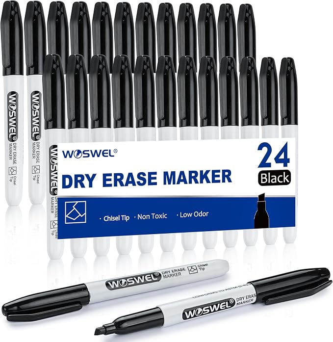 WOSWEL Dry Erase Markers, 24 Pack Black Chisel Tip Whiteboard Markers, Chisel by WonderfulOptions