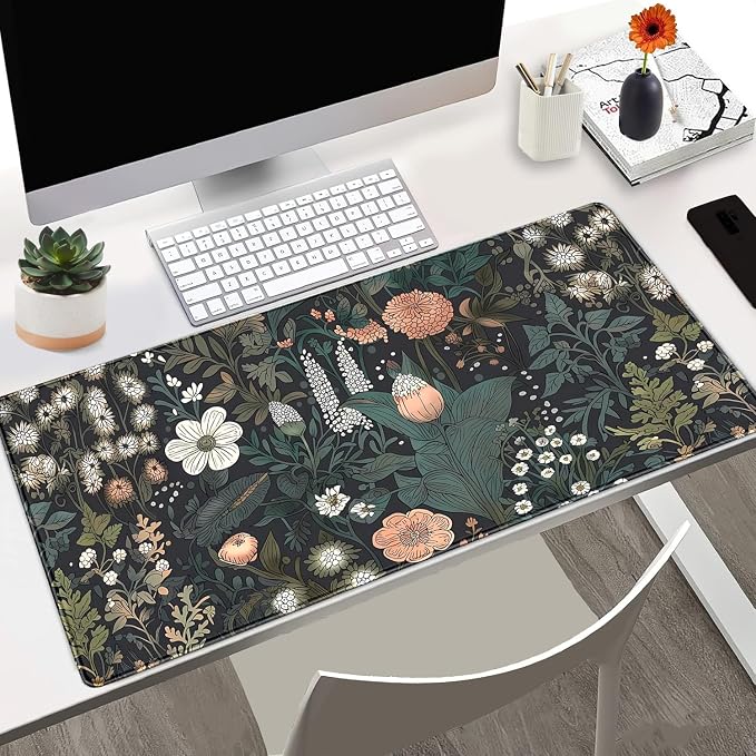 Dark Flower Desk Mat Floral Plants Mouse Pad Boho Aesthetic Wildflowers Large - Image 2