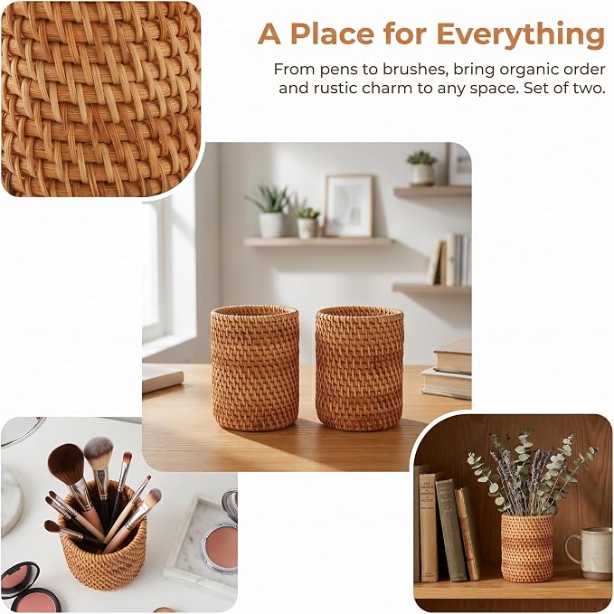 Okllen 2 Pack Rattan Pencil Holder, Handmade Wicker Pen Cup Makeup Brushes - Image 5