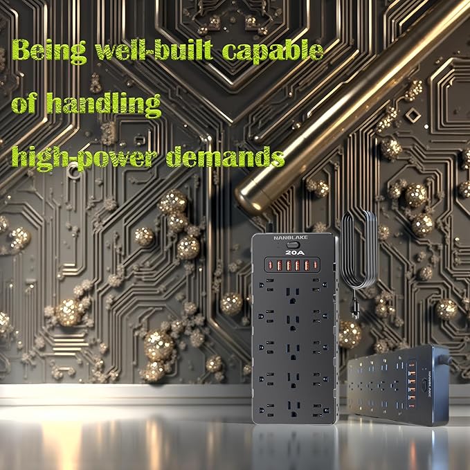 20 Amp Power Strip Surge Protector,Heavy Duty 12 Gauge 6.5 ft Extension Cord,25 AC Outlets,6 Fast USB Ports,4000 Joules,2500W/125V,Office Workshop Household Garage Black,Insurance Coverage.-DeskLoop Office