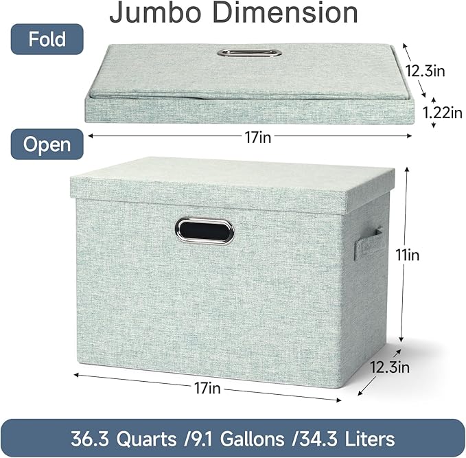 Large 17" 36 Quart Collapsible Stackable Storage Bins with Lids, 3 Packs Light Green Linen Fabric Closet Boxes with Lids, Storage Cube Baskets Container Organizers for Office (17x12x11)-DeskLoop Office