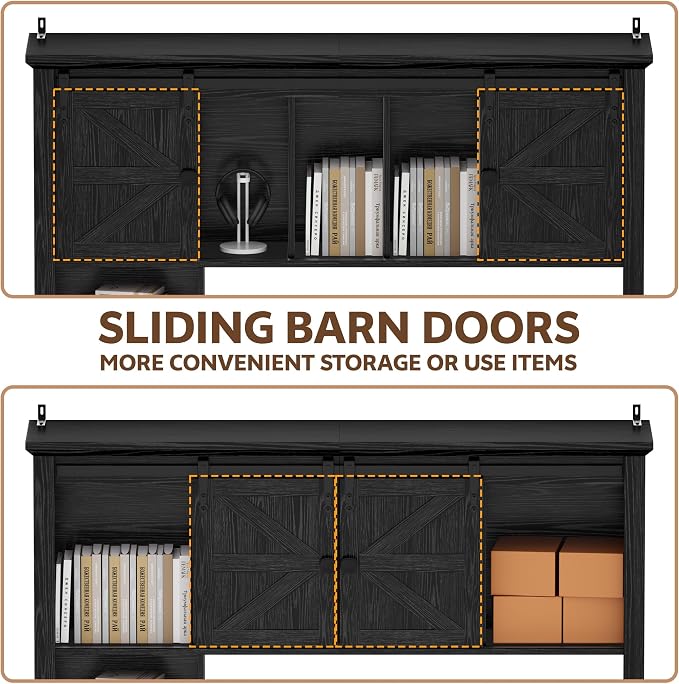 Large Desktop Bookshelf with Sliding Barn Door, 47.2''W Desk Shelf Display Rack - Image 7
