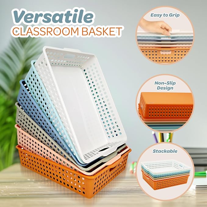 4E's Novelty 6 Pack Classroom Paper Baskets, Organizing Desk Boho Tray - Image 5
