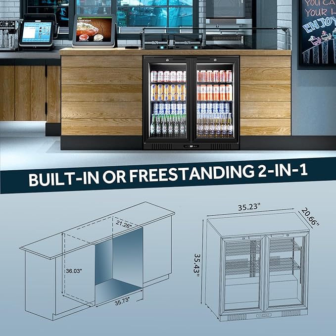 Tylza Back Bar Cooler With 2 Glass Doors, 7.2 Cu.Ft Under Counter Back Bar Refrigerator with LED Lighting, Safety Locks, Counter Height Bar Beverage Cooler for Beer, Soda Drinks, Wine, Black-DeskLoop Office