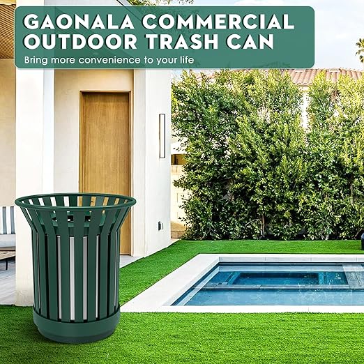 27.6IN Round Large Outdoor Trash Can, Heavy Duty Metal Slatted Garbage Can Outdoor, All Weather Resistant Commercial Garbage Cans, Waste Receptacle in Park, School, Beach, Patio, Green-DeskLoop Office