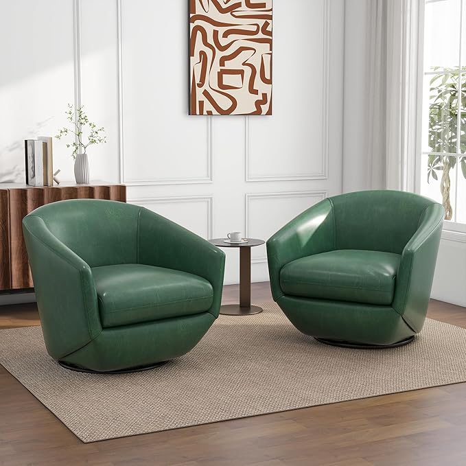 UIXE Faux Leather Swivel Accent Chairs Set of 2, Barrel Chair Upholstered Club Armchair for Living Room, Comfy Single Sofa Bedroom Side Reading Seat - Green-DeskLoop Office