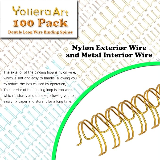 100 Pack Double Loop Wire Binding Spines, YolieraArt 1/4 Inch Spiral Binding Coils for Letter Size,Metal Bindings for Notebook Binder Machine (20 Sheet Capacity, 100P, 3:1 Pitch Twin Combs, Gold)-DeskLoop Office