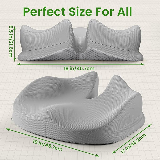 Benazcap Large Seat Cushion for Office Chair Memory Foam Coccyx Pain Relief Cushion Pillow for Back Support Non-Slip Seat Pad for Office Desk, Car Seat, Wheelchair, Sciatica-Grey-DeskLoop Office
