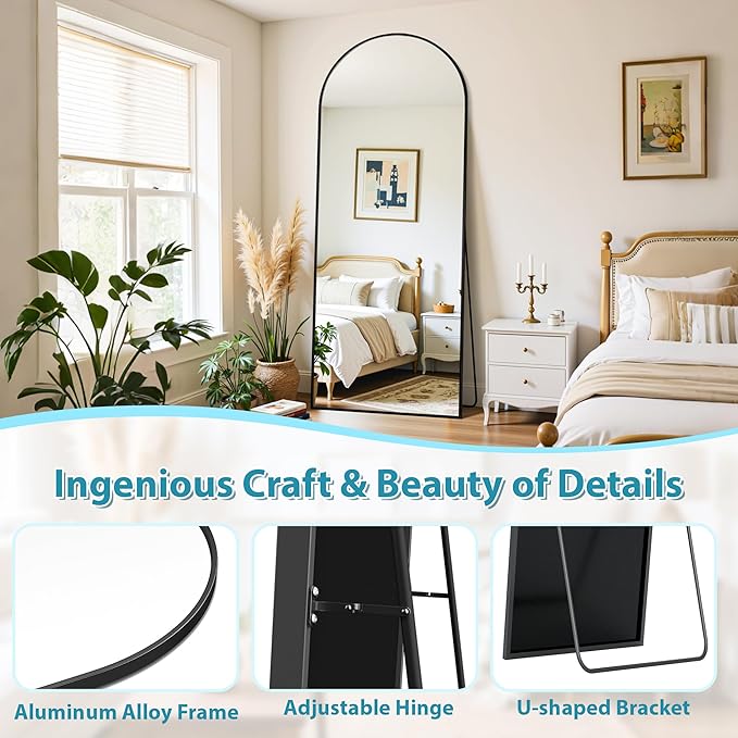 Full Length Mirror, 71"x26" Oversized Floor Mirror Freestanding, Full Body Mirror Floor Standing Mirrors with Stand, Hanging Mounted Mirrors for Bedroom Living Room, Black, Arched Style-DeskLoop Office
