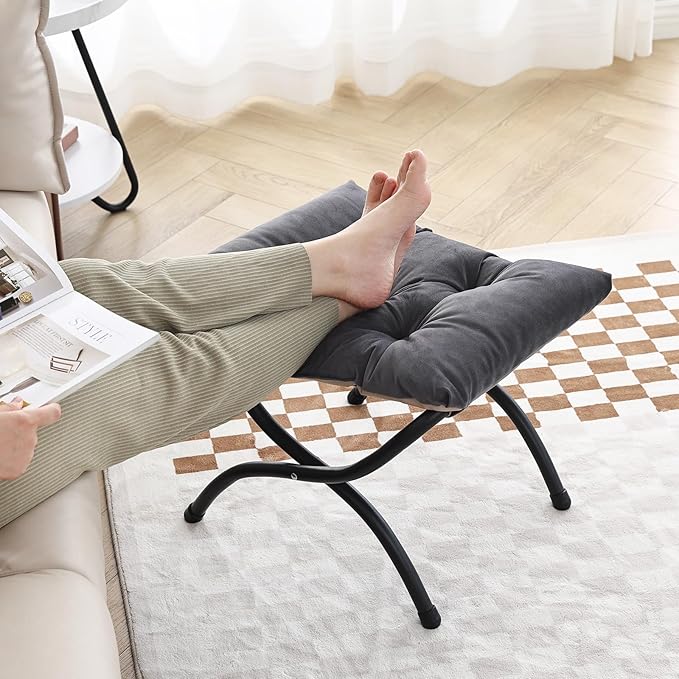 LITA Folding Upholstered Footrest Stool, Modern Small Portable Accent Ottoman with Detachable Thick Cotton Cushion Padded Sofa Stool with Metal Frame for Lazy Chair, Living Room & Bedroom, Smoky Grey-DeskLoop Office