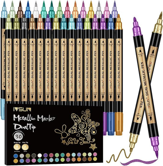 Metallic Marker Pens, 30 Colors Dual Tip Acrylic Paint Pens by IVSUN