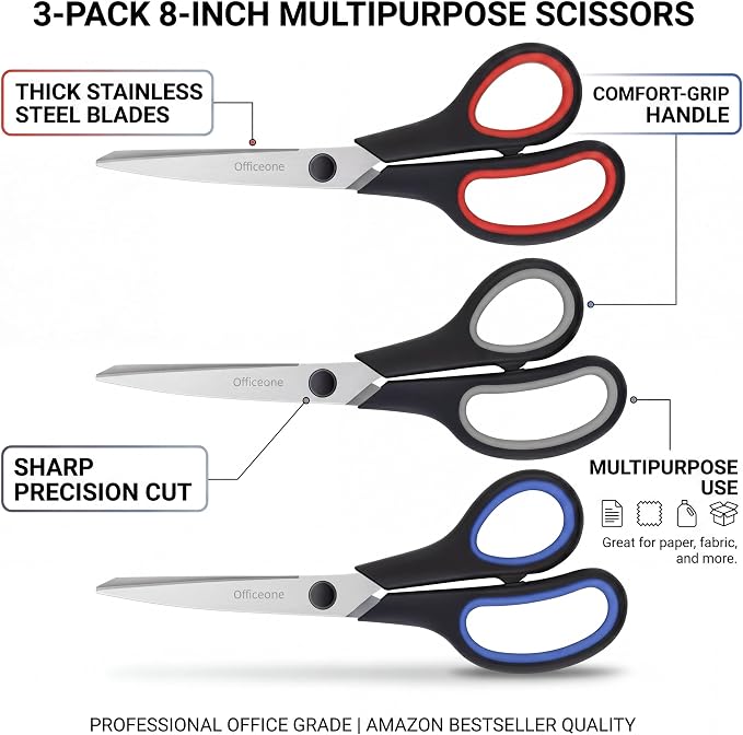 OfficeOne 3-Pack Heavy Duty Scissors 8" – Ultra Sharp Multipurpose Scissors - Image 3