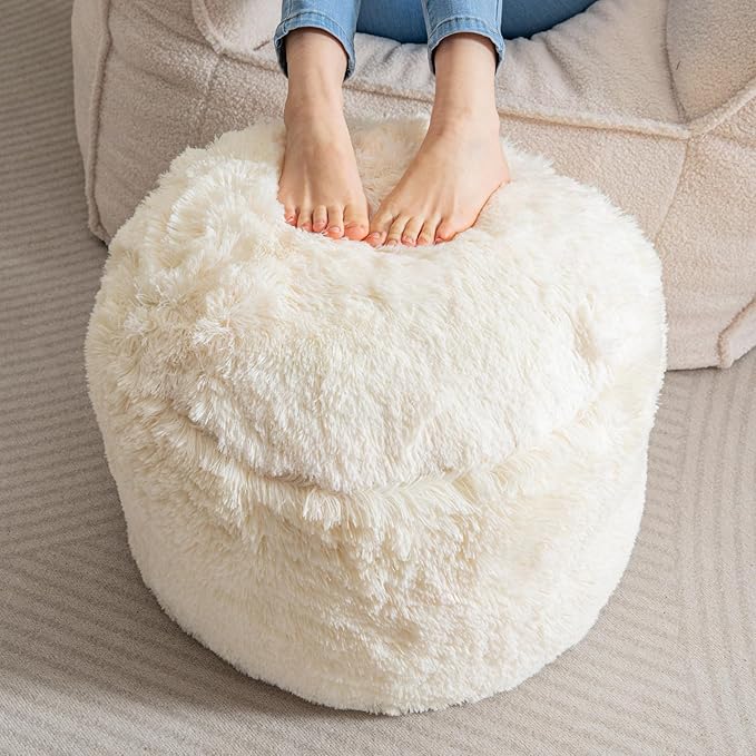 HIGOGOGO Round Stuffed Pouf Ottoman, Long Faux Fur Poufs with Foam Chunk Filling, Fluffy and Furry Pouf Foot Stool Storage Ottoman, 20 X 15 Floor Poufs Foot Rest for Living Room, Beige-DeskLoop Office