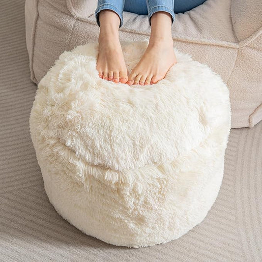 HIGOGOGO Round Stuffed Pouf Ottoman, Long Faux Fur Poufs with Foam Chunk Filling, Fluffy and Furry Pouf Foot Stool Storage Ottoman, 20 X 15 Floor Poufs Foot Rest for Living Room, Beige-DeskLoop Office