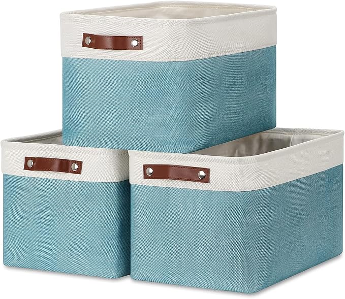 DULLEMELO Storage Baskets for Shelves, Fabric Collapsible Rectangular Storage Bins for Shelves, Closets, Nursery, Home, Empty Gift Baskets (3-Pack Medium-15 inch X 11 inch X 9.5 inch , White&Teal)-DeskLoop Office