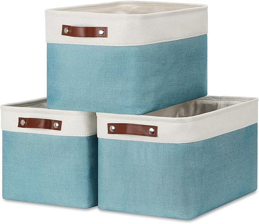 DULLEMELO Storage Baskets for Shelves, Fabric Collapsible Rectangular Storage Bins for Shelves, Closets, Nursery, Home, Empty Gift Baskets (3-Pack Medium-15 inch X 11 inch X 9.5 inch , White&Teal)-DeskLoop Office
