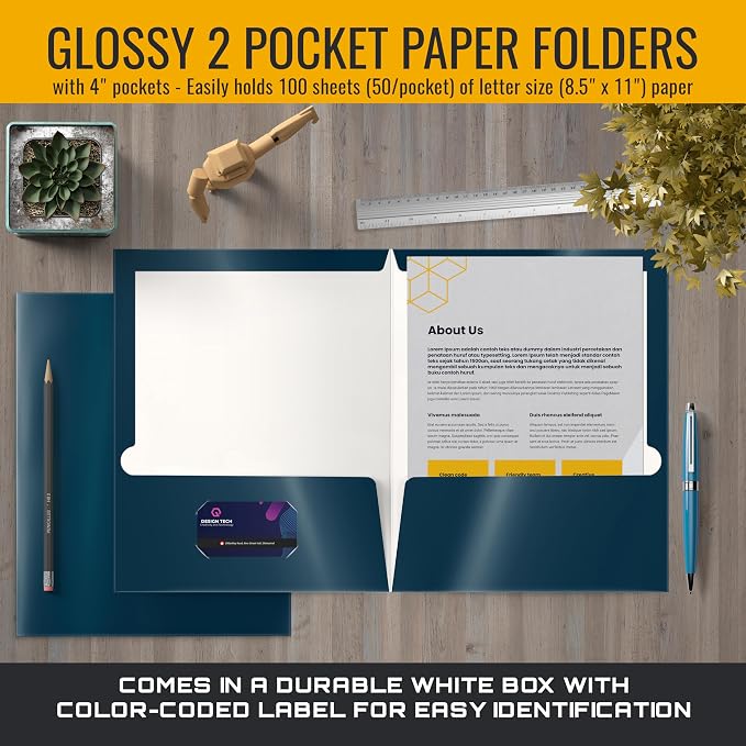 Better Office Products 2 Pocket Glossy Laminated Navy Blue Paper Folders - Image 4