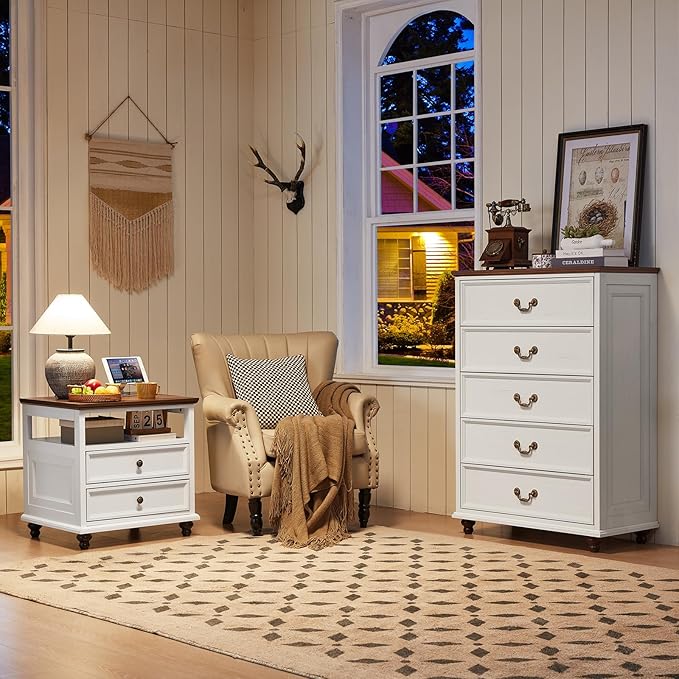 Farmhouse 5 Drawer Dresser Set of 2 for Bedroom, 45" Tall Rustic Chests of Drawers w/ 4 Solid Wood Feet, Mid Century Vintage Wooden Closet Storage Dressers Organizer for Living Room, White-DeskLoop Office