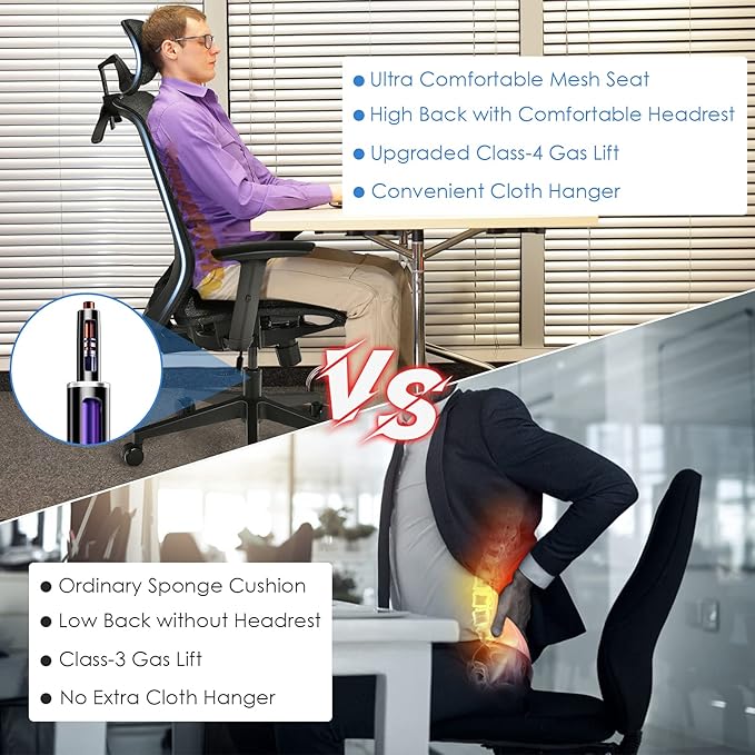 POWERSTONE Ergonomic Mesh Office Chair - High Back Computer Desk Tilt Lock Mesh Seat with Lumbar Support and Clothing Hanger, Executive Swivel Mesh Chair with Adjustable Arms and Headrest (Grey)-DeskLoop Office