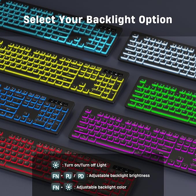 Backlit Wireless Keyboard, 2.4G Silent Wireless Light Up Keyboard, Full Size Computer Keyboards with 7 Colored Backlits, Rechargeable Keyboards for Windows, PC, Laptop (Black, Normative)-DeskLoop Office