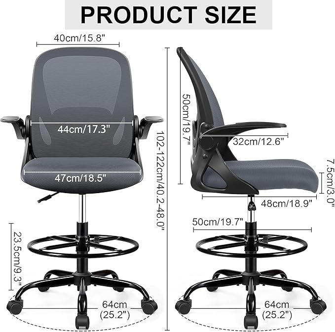 Drafting Chair Tall Office Chair with Flip-up Armrests, Adjustable Height, Enhanced Lumbar Support Ergonomic Rolling Stool, Back Support, Adjustable Foot Rest Ring for Standing Desk Dark Gray-DeskLoop Office