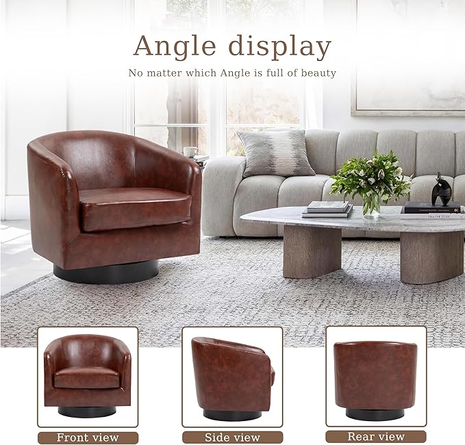 UIXE Faux Leather Swivel Accent Chairs Set of 2, Modern Upholstered Barrel Chairs for Living Room, Comfy Round Armchair Single Sofa Bedroom Reading Seat - 31" W, Red Brown-DeskLoop Office